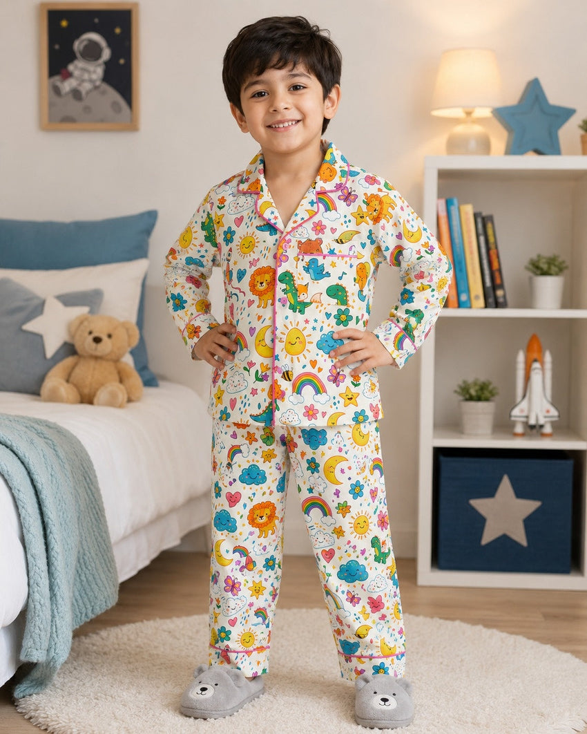 Child wearing a woodland animal print pajama set