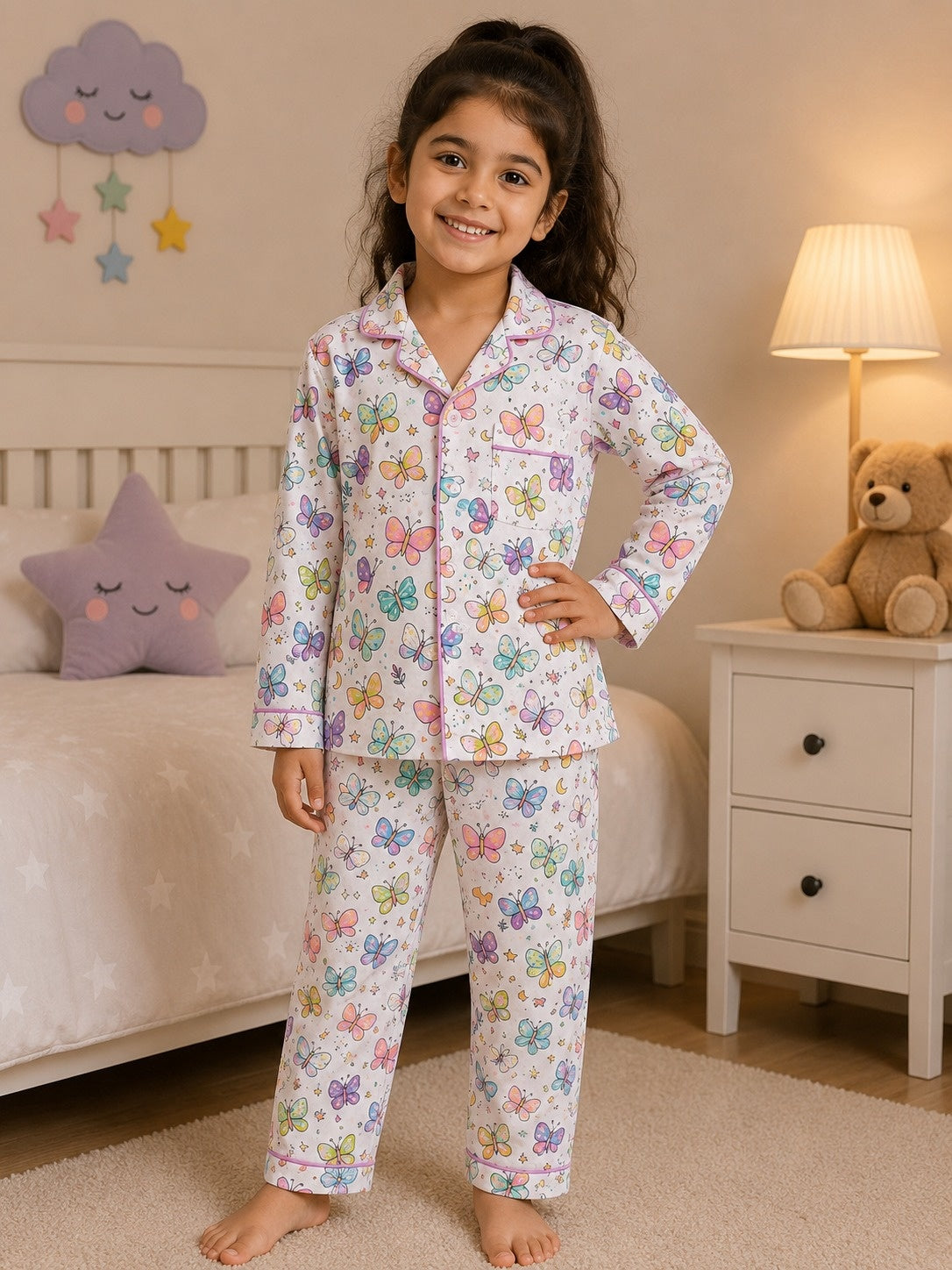 Child wearing a dreamy blue bedtime print pajama set