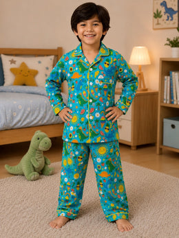 Child wearing a blue space bear pajama set